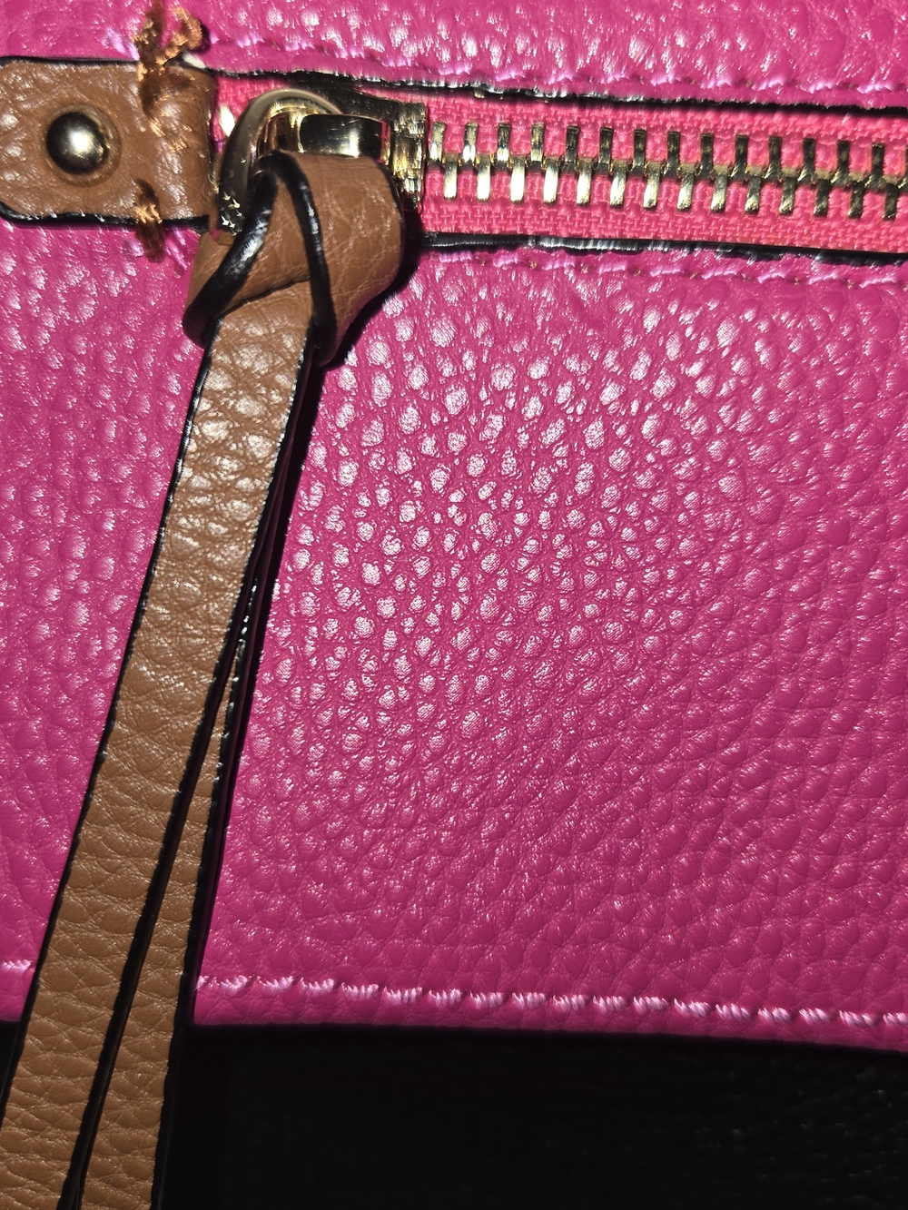 New 3-Tone Hot Pink and Black Leather Purse with Gold Hardware Shoulder Strap - Picture 2 of 9